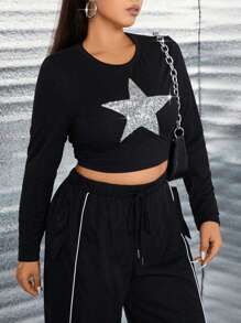 Flirla 大碼星星印花短款T恤 - 黑色 - 查看 6