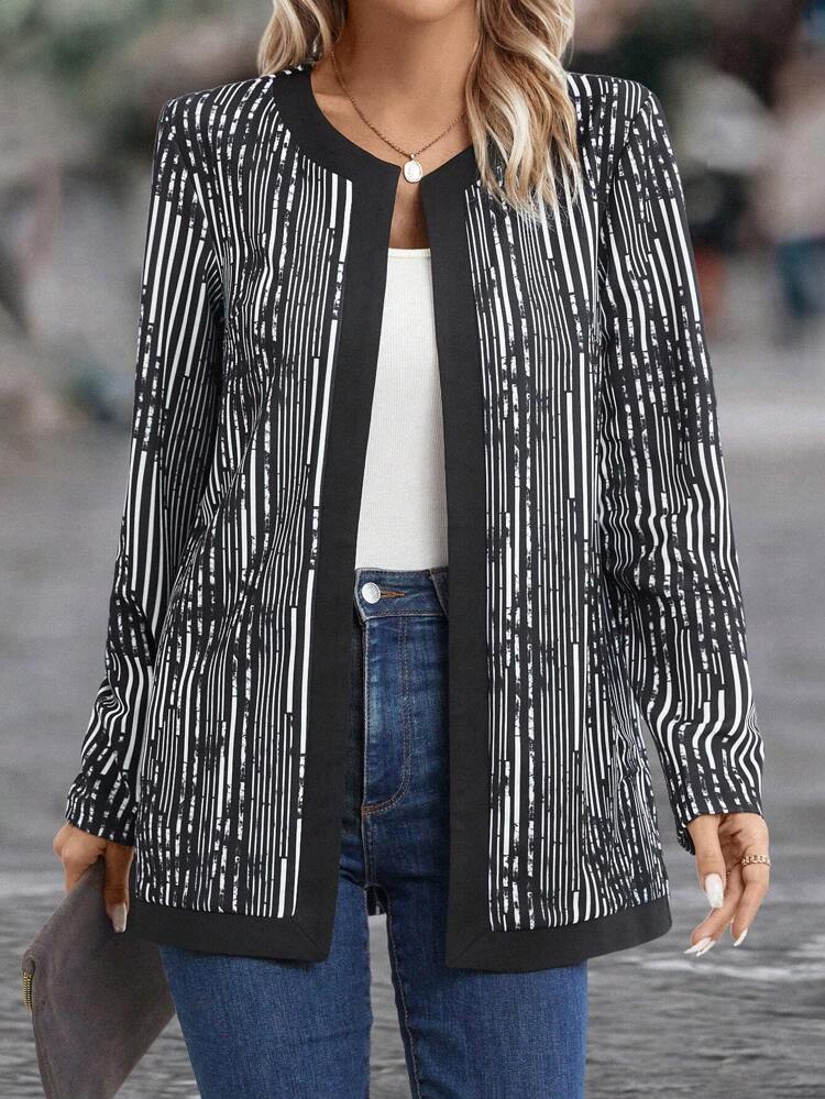 Striped Print Open Front Coat Fall Cloth For Women