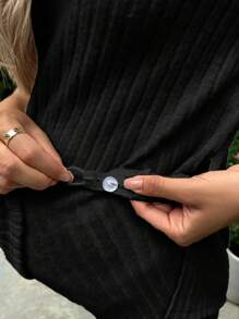 SHEIN Maternidad Shorts con camiseta unicolor tejido de canalé - Negro - Ver 4