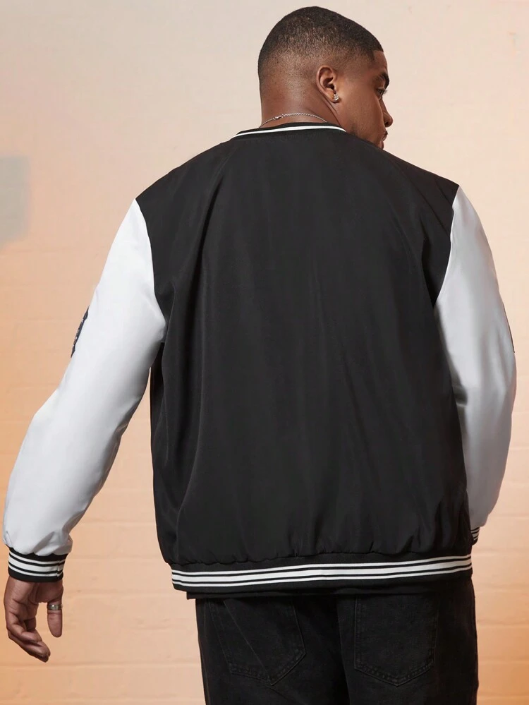 Loose Men's Plus Size Letter Patched Striped Trim Color Block Varsity Jacket