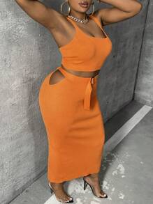 Slaydiva Plus Solid Crop Knit Top & Belted Knit Skirt - Orange - View 1