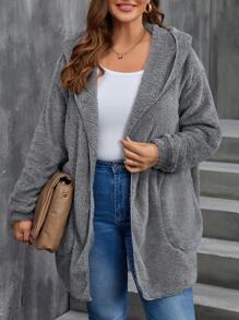 EMERY ROSE Plus Size Autumn And Winter Super Thickened Double Fleece Warm Jacket Women's Fall Women Geometric Pattern Reversible Hooded Fleece Jacket With Pockets