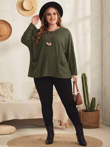 EMERY ROSE Talla grande Camiseta de hombros caídos con doble bolsillo - Verde Oliva - Ver 4