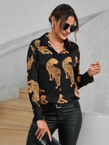 SHEIN Clasi Camisa con estampado de leopardo con botón delantero - Negro - Ver 4