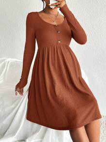 SHEIN Maternidad Vestido tejido de canalé con diseño de botón - Óxido marrón - Ver 3