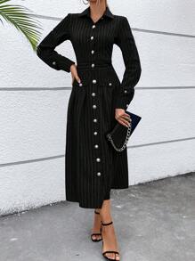 Chiquease 條紋印花翻蓋細節襯衫洋裝 - 黑色 - 查看 5