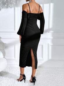 SHEIN Maternity Cold Shoulder Ruched Bodycon Dress - Black - View 2