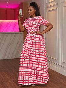 Plus Plaid Print Tie Front Top & Skirt - Hot Pink - View 5