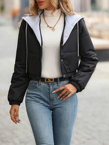 SHEIN Essnce 双色抽绳连帽短款棉服外套冬季 - 黑色 - 查看 3