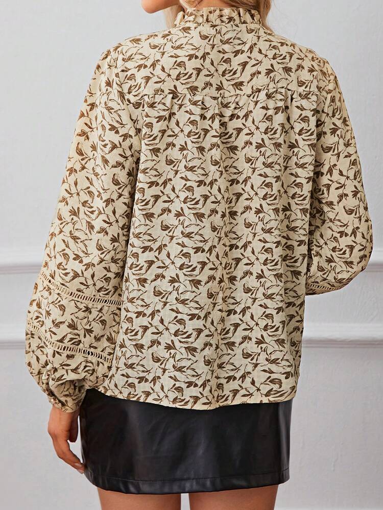 Allover Print Tie Neck Lantern Sleeve Blouse Winter Brown Casual