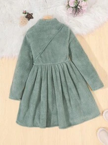 Tween Girl Letter Embroidery Mock Neck Teddy Dress & Bag - Green - View 2