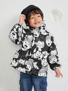 SHEIN 年轻男孩卡通图案拉链连帽保暖衬垫外套 - 軍綠色 - 查看 1