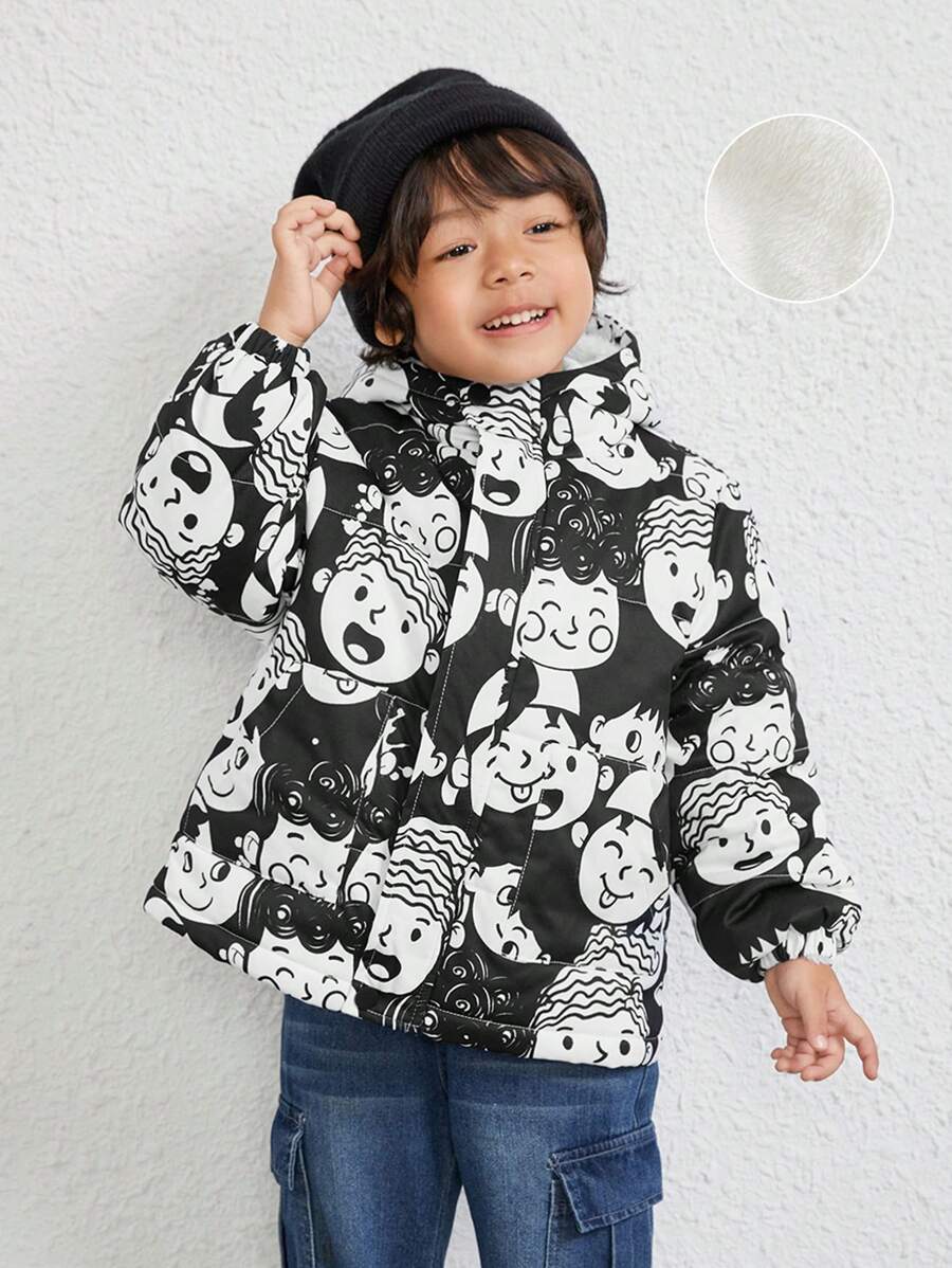 SHEIN 年轻男孩卡通图案拉链连帽保暖衬垫外套 - 軍綠色 - 查看 1