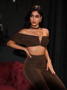 Zolique Off Shoulder Crop Glitter Top - Brown - View 5