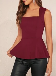 SHEIN Clasi Square Neck Peplum Tank Top - Red - View 5