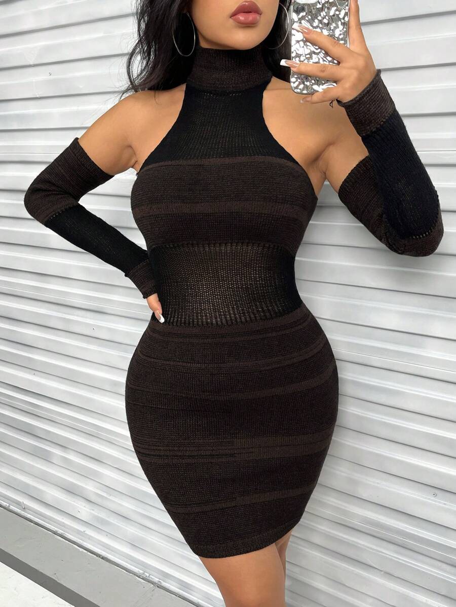 SHEIN Unity High Neck Sweater Dress With Arm Sleeves - Coffee Brown - View 1
