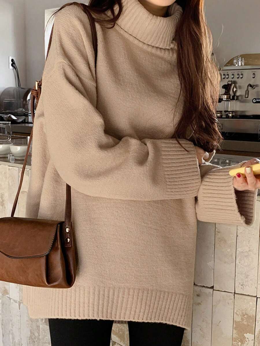 DAZY 纯色高领落肩毛衣、长袖上衣、秋季女装 - 杏色 - 查看 1