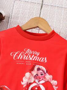 SHEIN Cô gái In Giáng sinh Áo nỉ - Đỏ - Xem 4