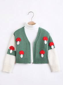 SHEIN 女小童蘑菇圖案撞色開襟衫不帶T恤 - 彩色 - 查看 1