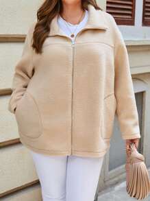 SHEIN Essnce Hơn Dây kéo Thả vai Áo khoác Teddy - Màu be - Xem 3