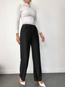 SHEIN Cottnline Striped Print Slant Pocket Straight Leg Suit Pants - Black - View 4