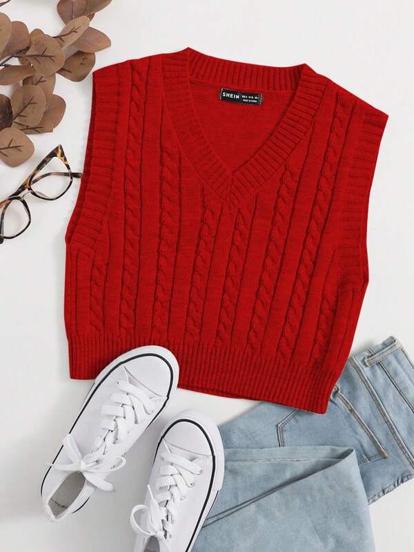 Flirla Cable Knit Sweater Vest For New Year Clothes