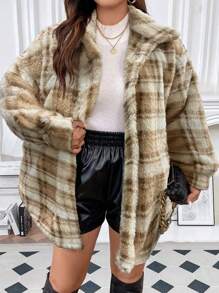 Calvaya Plus Plaid Pattern Belted Teddy Coat - Khaki - View 3