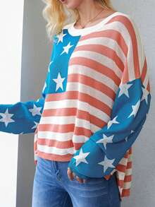CILKOO Star & Striped Pattern Drop Shoulder Sweater - Blue - View 4
