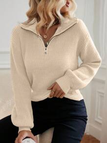 SHEIN LUNE 半拉鏈落肩袖套頭毛衣 - 米色 - 查看 5