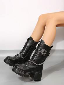 ROMWE Grunge Punk 女式搭扣裝飾繫帶前鏈條裝飾軍靴，朋克戶外時尚靴子