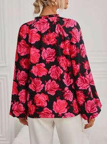 SHEIN LUNE Floral Print Lantern Sleeve Blouse - Black - View 2