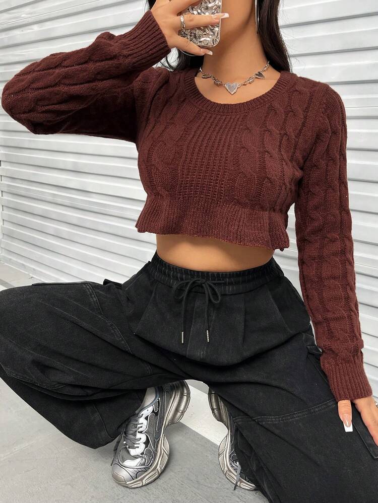 Solid Cable Knit Ruffle Hem Crop Knit Pullover Fall Winter Sweater