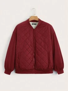 SHEIN EZwear 大码保暖内衬拉链飞行员绗缝加厚外套 - 酒紅色 - 查看 3