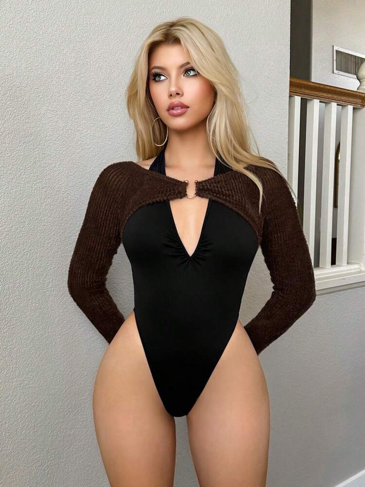 Colorblock Cut Out Front Bolero Bodysuit