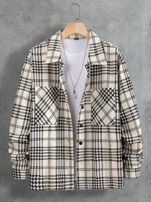 Manfinity Homme Loose Fit Men's Plaid Print Pocket Patched Coat Without T-Shirt - Khaki - View 7