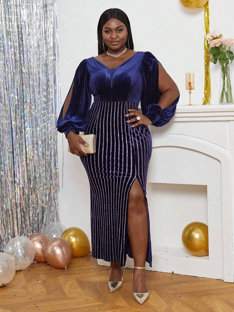 SHEIN Lady Plus Split Thigh Velvet Dress - Blue - View 1