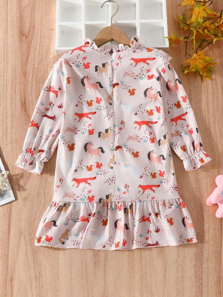 Young Girl Cartoon Graphic Ruffle Trim Flounce Sleeve Dress