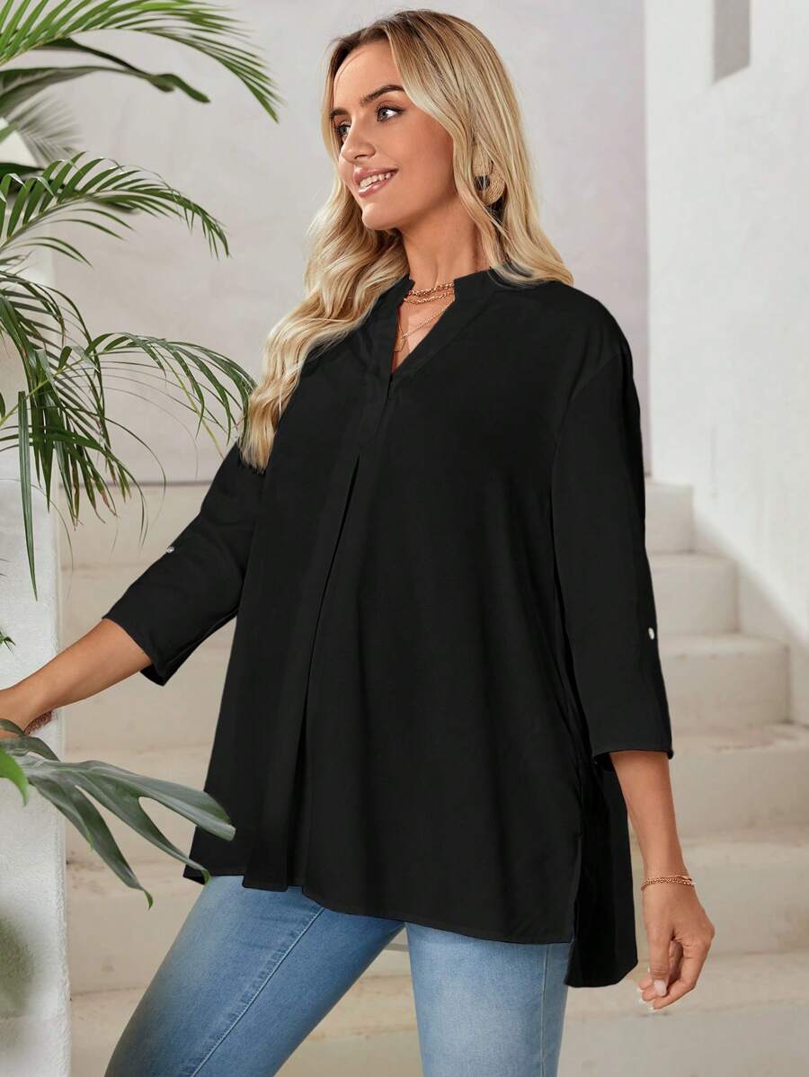 SHEIN Maternity Notched Neckline High Low Hem Blouse - Black - View 1