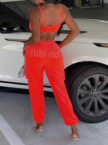 Slaydiva 字母圖案吊帶短上衣&翻蓋口袋長褲 - 橘色 - 查看 2