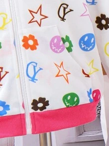 SHEIN Young Girl Letter Graphic Zip Up Hooded Jacket - Multicolor - View 3