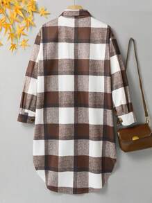 Teen Girl Plaid Print Flap Pocket Curved Hem Overcoat