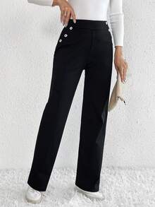 SHEIN Tall 紐扣細節直筒褲 - 黑色 - 查看 3