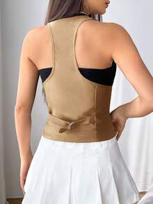 SHEIN EZwear 1 Miếng Chất rắn Nút phía trước Áo gi lê - màu nâu - Xem 2