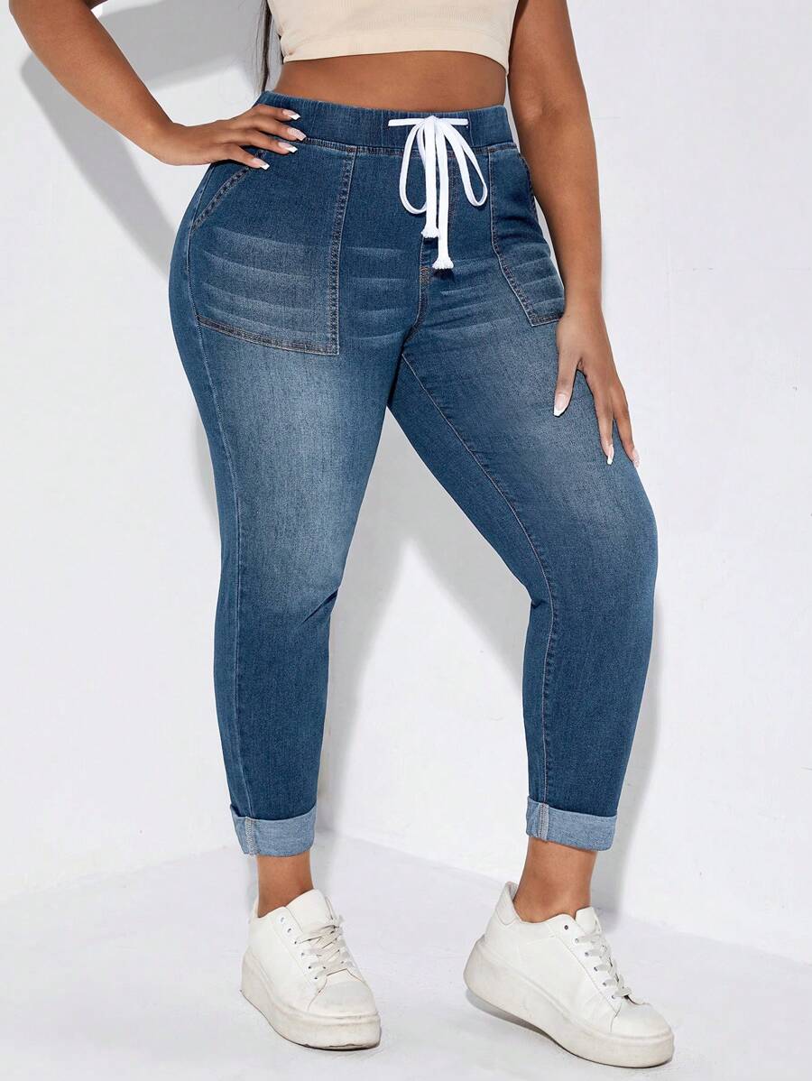 SHEIN SXY Plus Drawstring Waist Roll Up Hem Skinny Jeans - Medium Wash - View 1