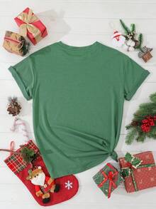 SHEIN EZwear Cat And Slogan Graphic Tee - Green - View 2
