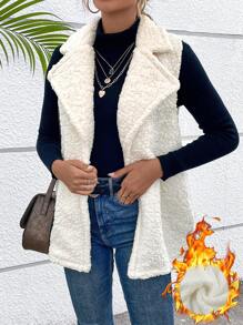 SHEIN LUNE Lapel Neck Teddy Vest Coat - Beige - View 1