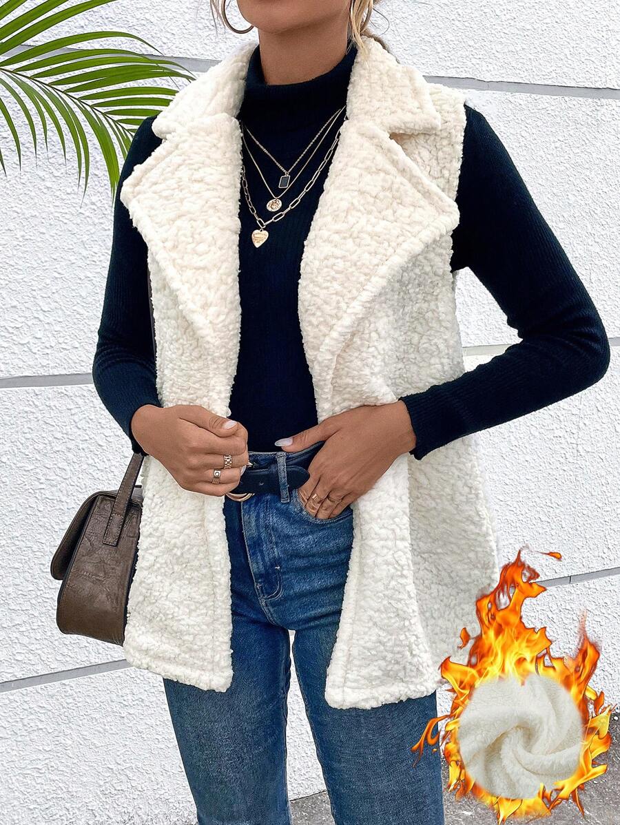 SHEIN LUNE Lapel Neck Teddy Vest Coat - Beige - View 1