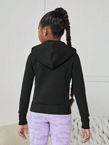 SHEIN Tween Girl Raglan Sleeve Zipper Up Placket Hooded Sports Jacket - Black - View 2