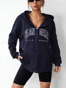 SHEIN EZwear Capucha con estampado de letra con cremallera de hombros caídos con cordón con forro térmico - Azul Marino - Ver 4
