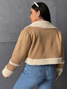 SHEIN EZwear 大碼毛絨內襯拉鏈開襟夾克 - 棕色 - 查看 2